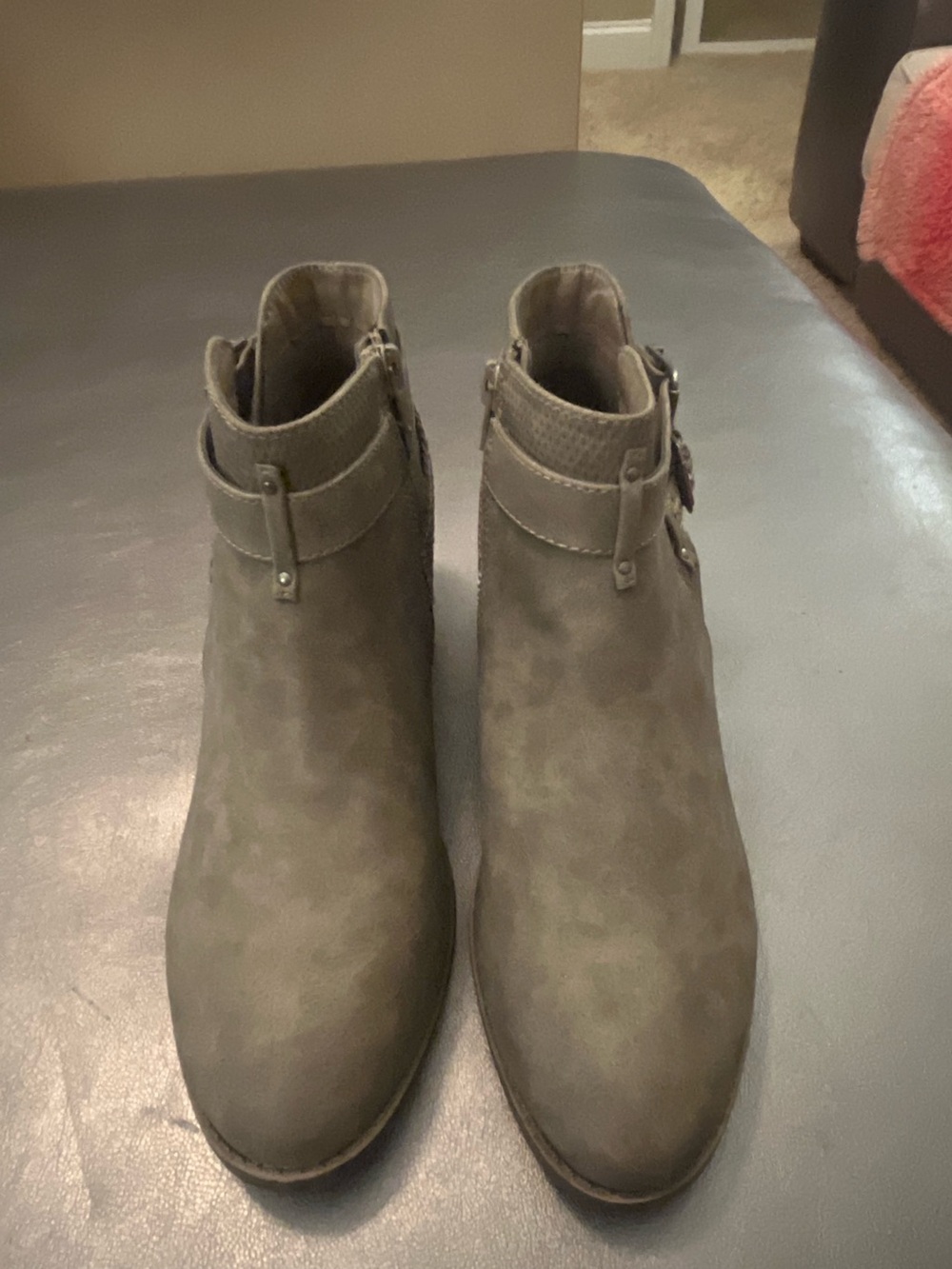 Jellypop Taupe Suede-Look Ankle Booties with Buckle Strap